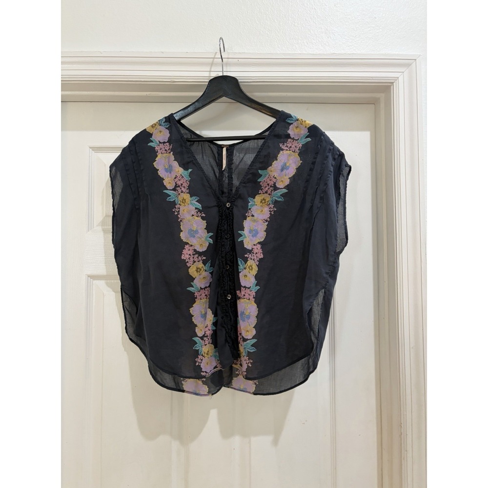 Free People Floral Embroidered Sheer Boho Blouse Top Black Women Size Medium - Picture 2 of 8